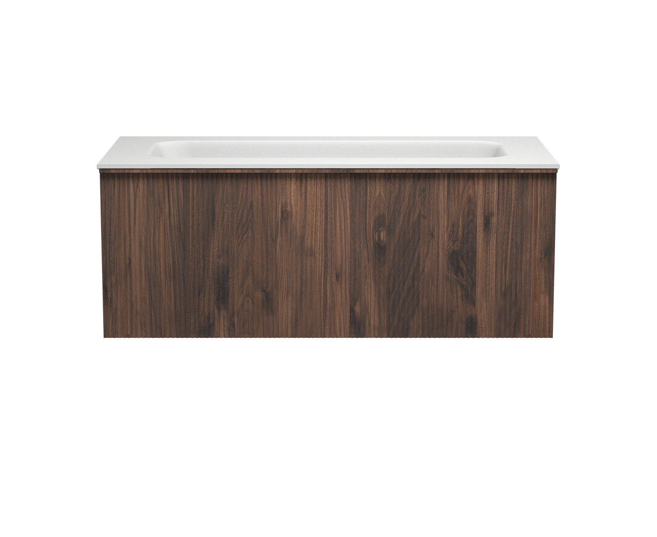 Balmani Forma hängendes Möbelstück Set: 120 x 55 cm, Amerikanischer Nussbaum, mit Tablo Arcato Einzelwaschtisch für 2 Armaturenlöcher, Solid Surface, Weiß matt, Vertikale symmetrische gerade Rippe