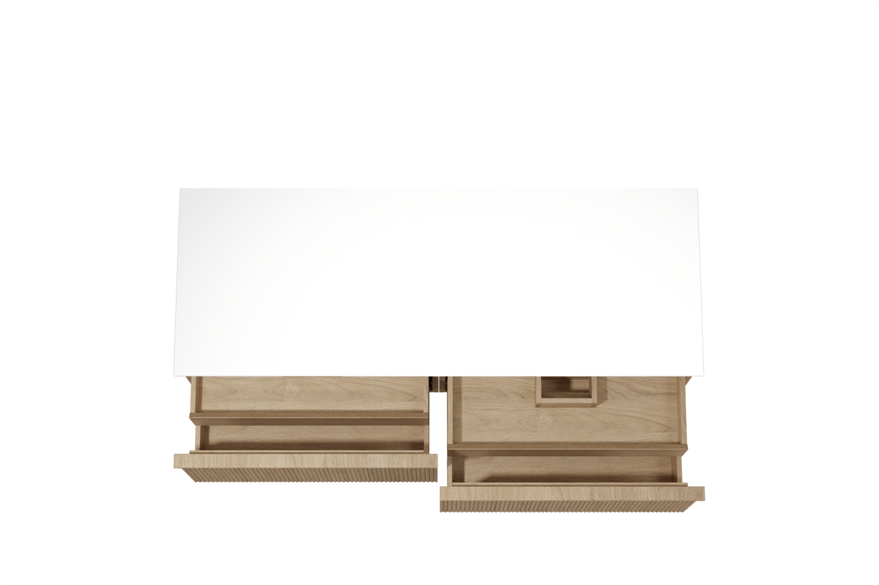 Balmani Forma zwevend badkamermeubel 150 x 55 cm natuur eik met Stretto enkel of dubbel tablet in solid surface mat wit, Verticale symmetrische rechte ribbel