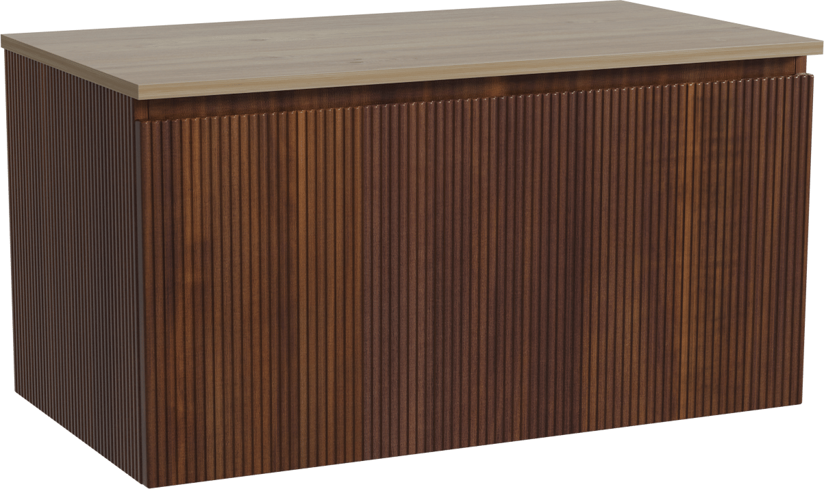 Storke Ribs zwevend badmeubel 95 x 52 cm notenhout met Panton enkel wastafelblad in melamine ruw eiken, Verticale symmetrische rechte ribbel