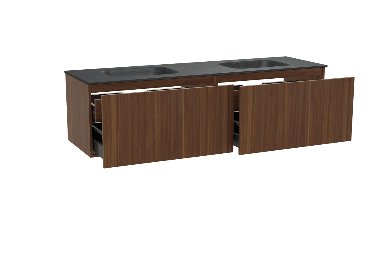 Balmani Sfera hängendes Möbelstück Set: 180 x 55 cm, Amerikanischer Nussbaum, mit Tablo Arcato Doppelwaschtisch, Schwarzes Granit