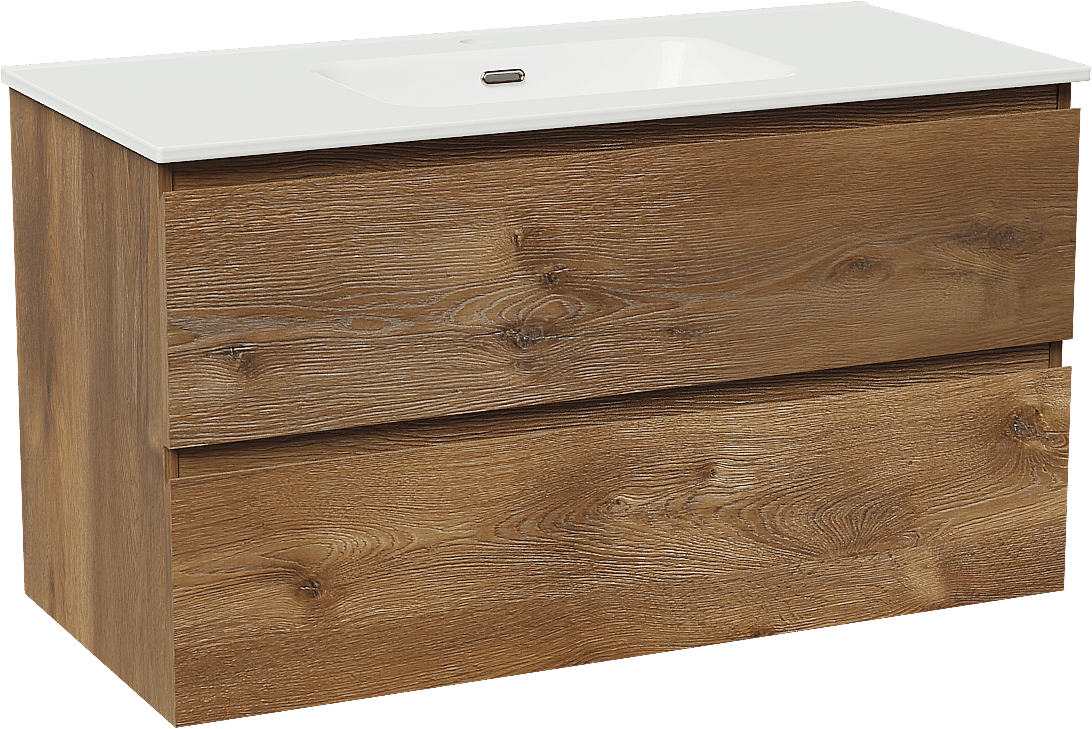 Linie Lado zwevend badmeubel 100 x 46 cm bruin eiken met Baro enkele wastafel in porselein hoogglans wit