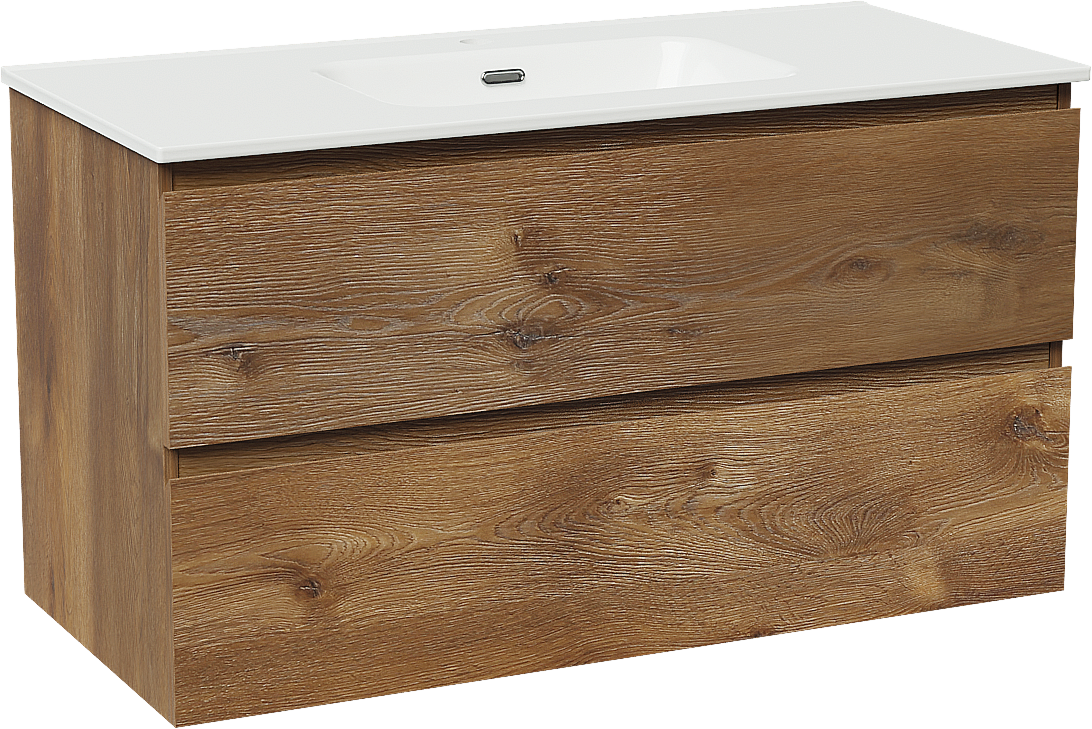 Linie Lado meuble salle de bains suspendu 100 x 46 cm chêne brun avec Baro plan simple en porcelaine blanc brillant