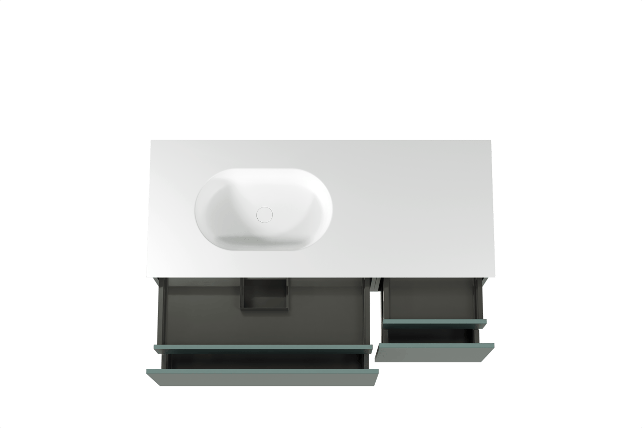 Balmani Sfera zwevend badmeubel 135 x 55 cm forest met Tablo Oval asymmetrisch linkse wastafel in solid surface mat wit
