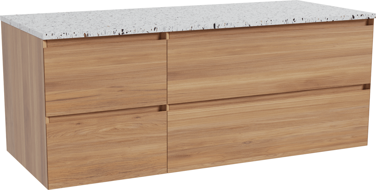 Balmani Mitra meuble salle de bains suspendu 135 x 55 cm teck avec Stretto tablette simple ou double en blanc/noir mat terrazzo