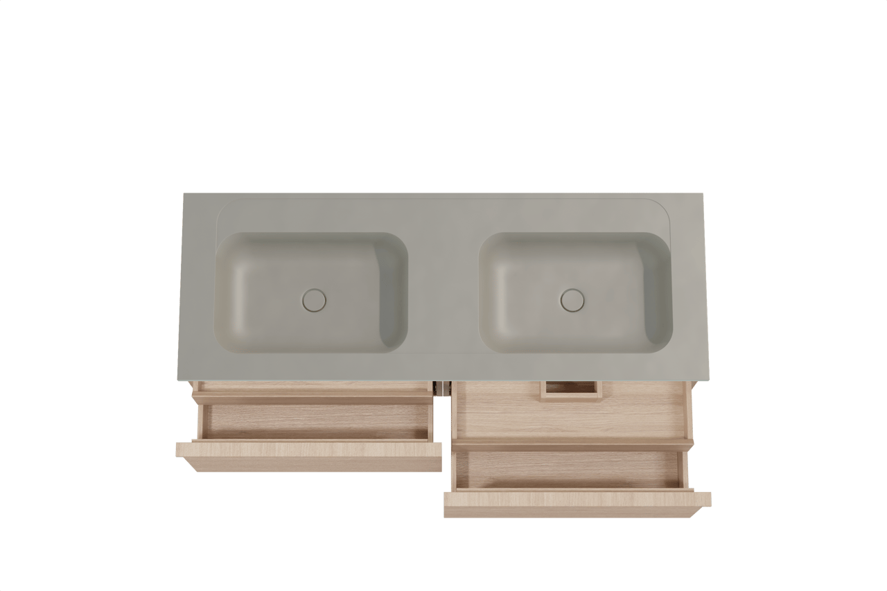 Balmani Forma zwevend badkamermeubel 150 x 55 cm natuur eik met Tablo Strada dubbele wastafel in composietmarmer zijdegrijs, Horizontale symmetrische rechte ribbel