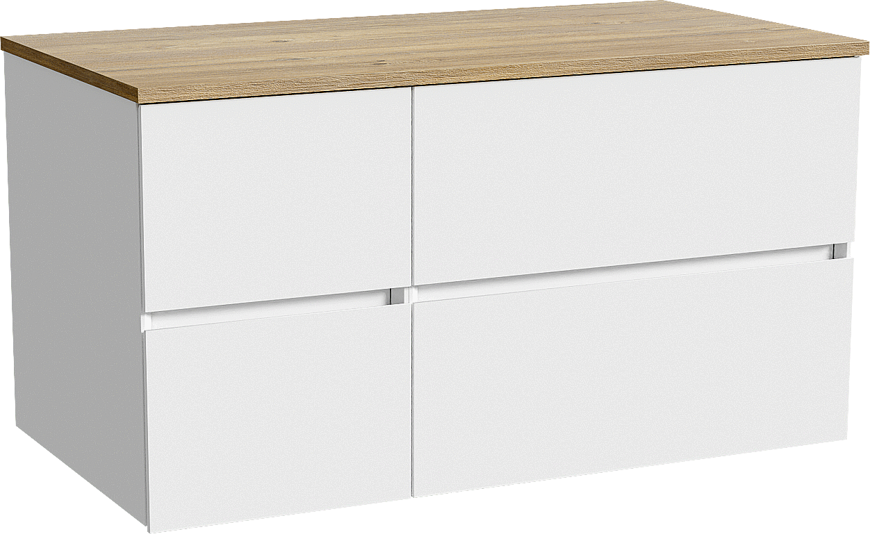 Storke Edge hängendes Möbelstück Set: 100 x 52 cm, Weiß glänzend, mit Panton Einzel Waschtischplatte, Melamin Rohe Eiche