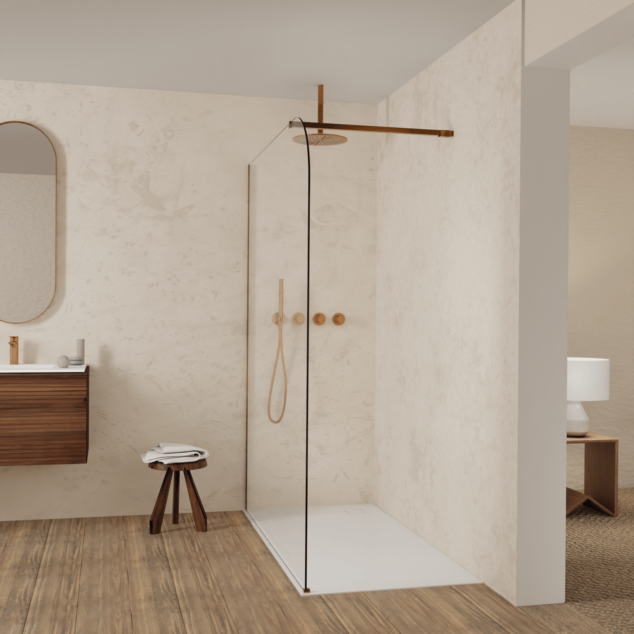 Balmani Modular douche à l'italienne: 160 x 200 cm, Verre transparent arrondi, Profil Brushed Rosegold