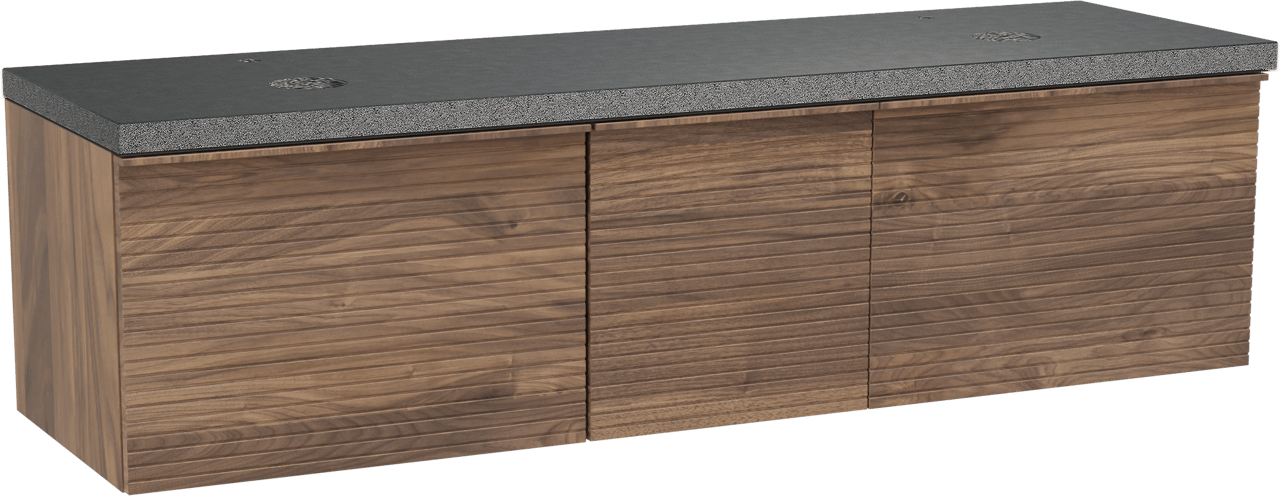 Balmani Forma zwevend badmeubel 180 x 55 cm amerikaans notenhout met Rock dubbel wastafelblad in zwart graniet, Horizontale symmetrische rechte ribbel