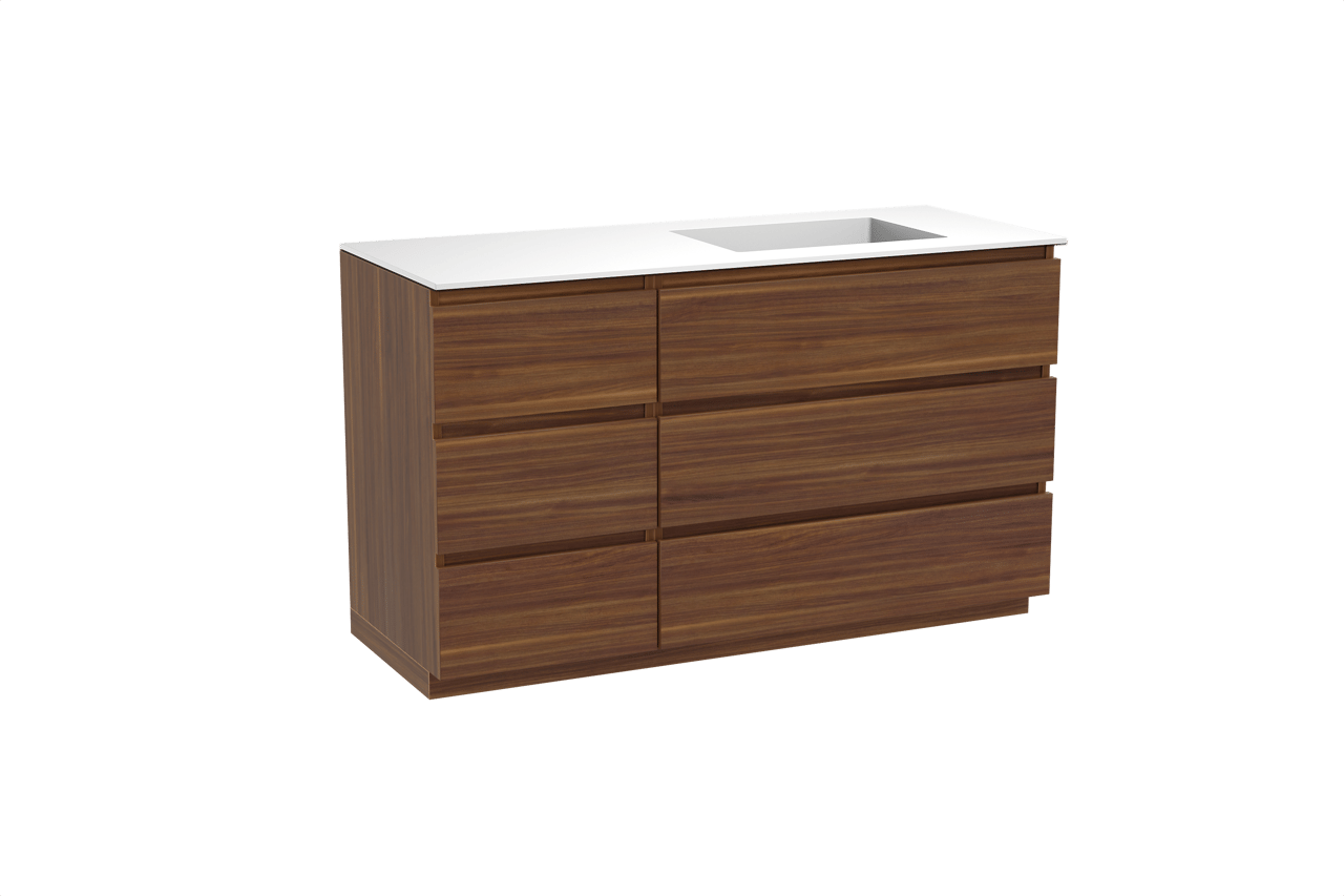 Balmani Lucida staand badkamermeubel 135 x 55 cm amerikaanse notelaar met Tablo Stretto asymmetrisch rechtse wastafel in solid surface mat wit