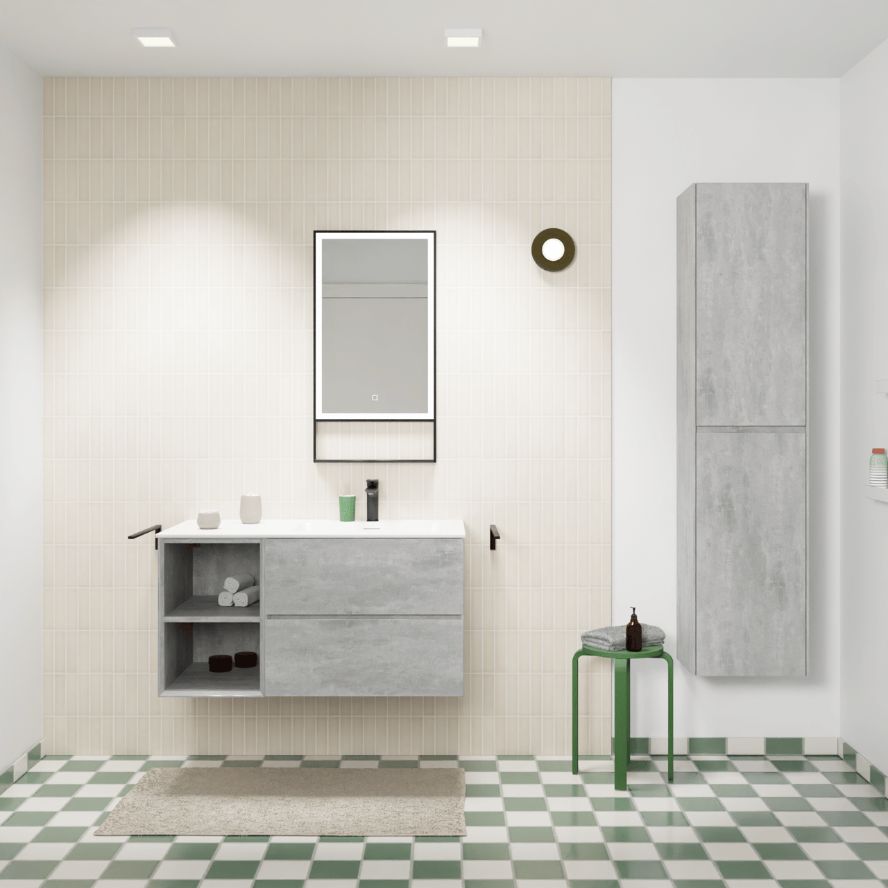 Storke Edge meuble salle de bains suspendu 100 x 52 cm béton gris foncé avec Mata vasque asymétrique droite en solid surface blanc mat