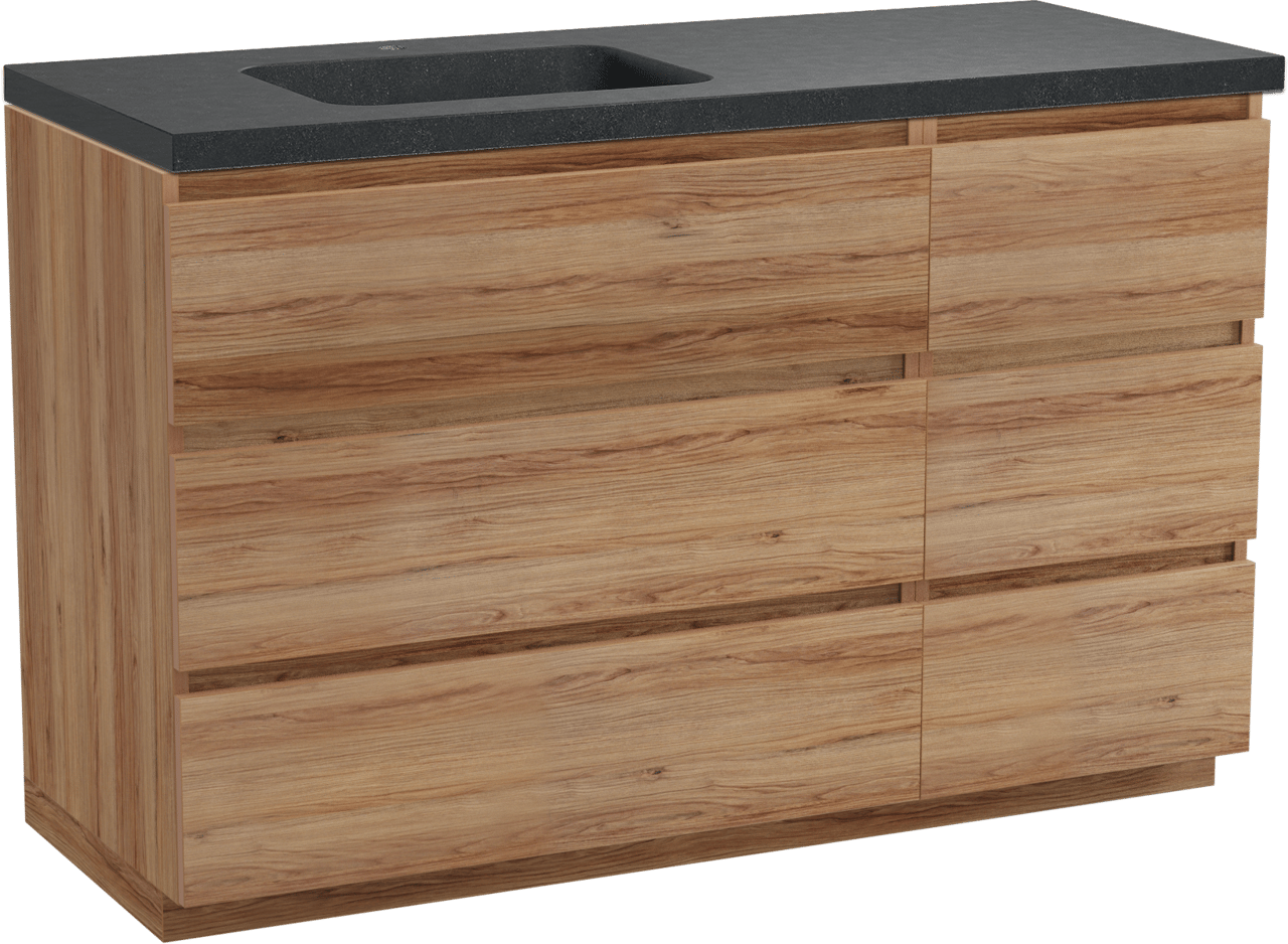 Balmani Lucida staand badkamermeubel 135 x 55 cm teak met Napoli asymmetrisch linkse wastafel in graniet zwart