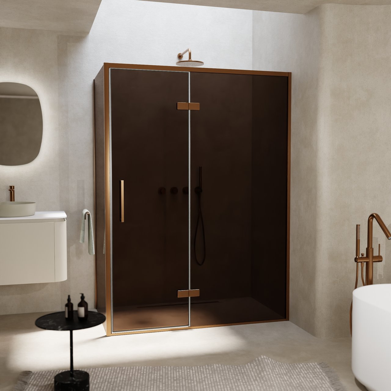 Balmani Senses Design douchecabine met rechtse draaideur en vaste zijwand, 140 x 90 cm, Brons, Brushed Rosegold profielen, met coating