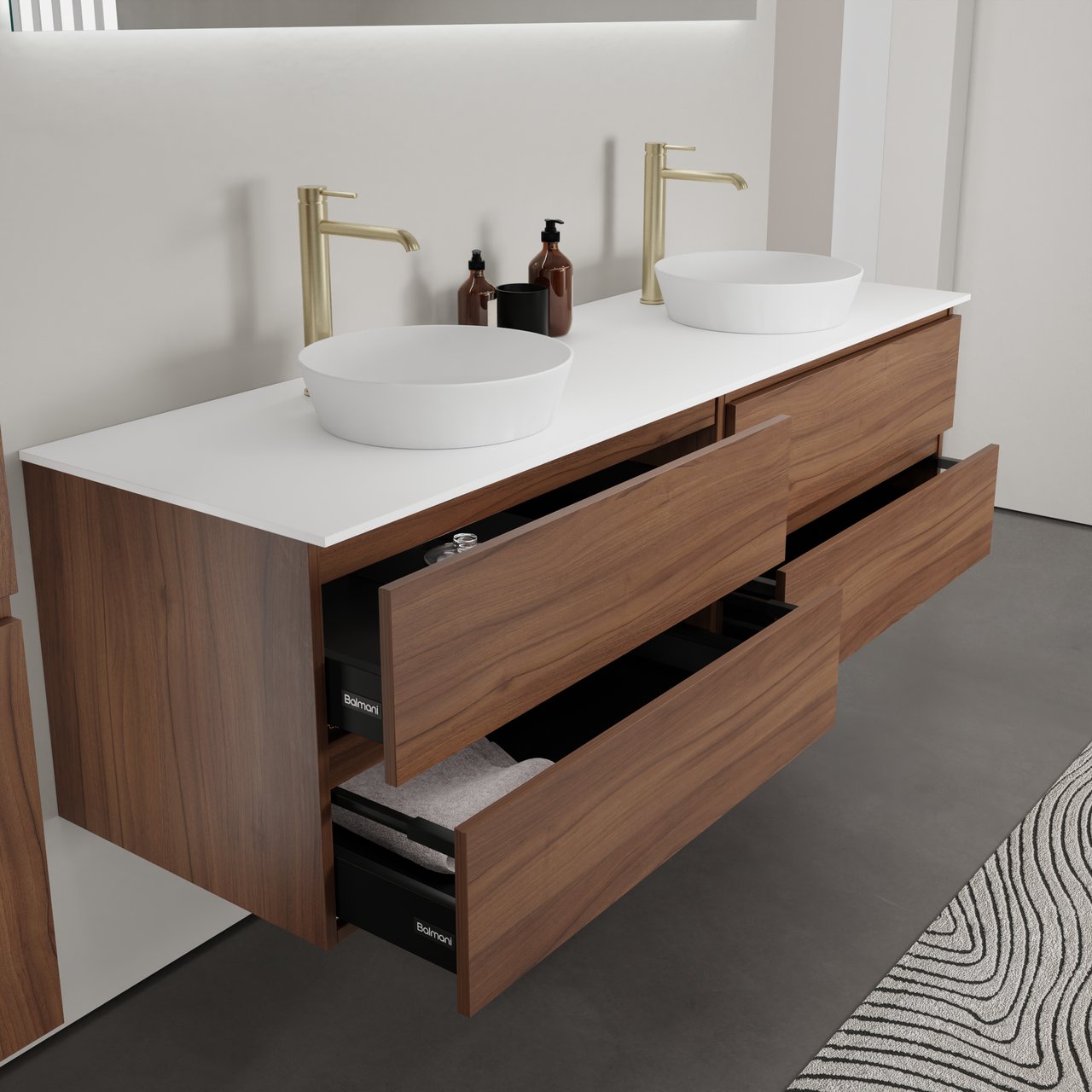 Balmani Lucida meuble salle de bains suspendu 180 x 55 cm noyer américain avec Stretto tablette simple ou double en solid surface blanc mat