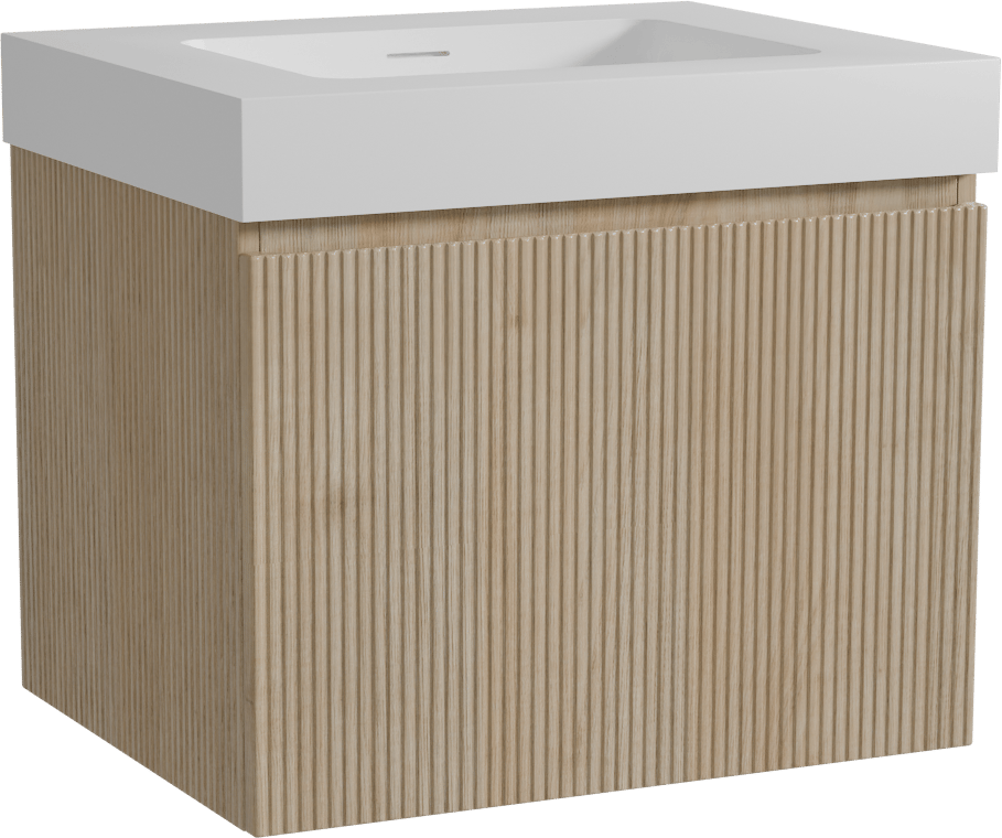 Storke Ribs zwevend badmeubel 65 x 52 cm ruw eiken met Mata High enkele wastafel in solid surface mat wit, Verticale symmetrische rechte ribbel