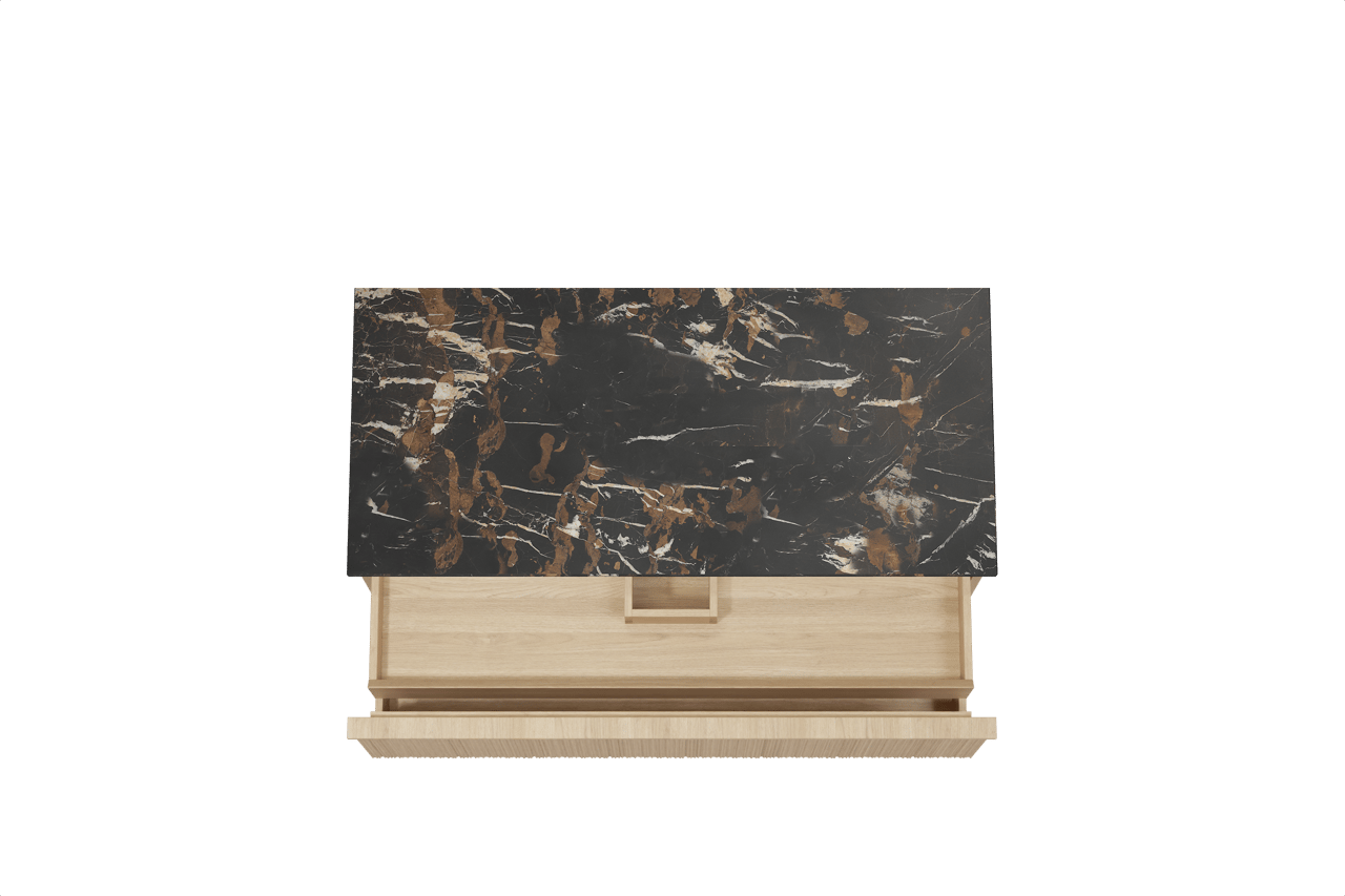 Balmani Forma hängendes Möbelstück Set: 120 x 55 cm, Naturbelassene Eiche, mit Stretto Einzel Waschtischplatte, Marmor, Portoro Gold, Vertikale asymmetrische Runde Rippe