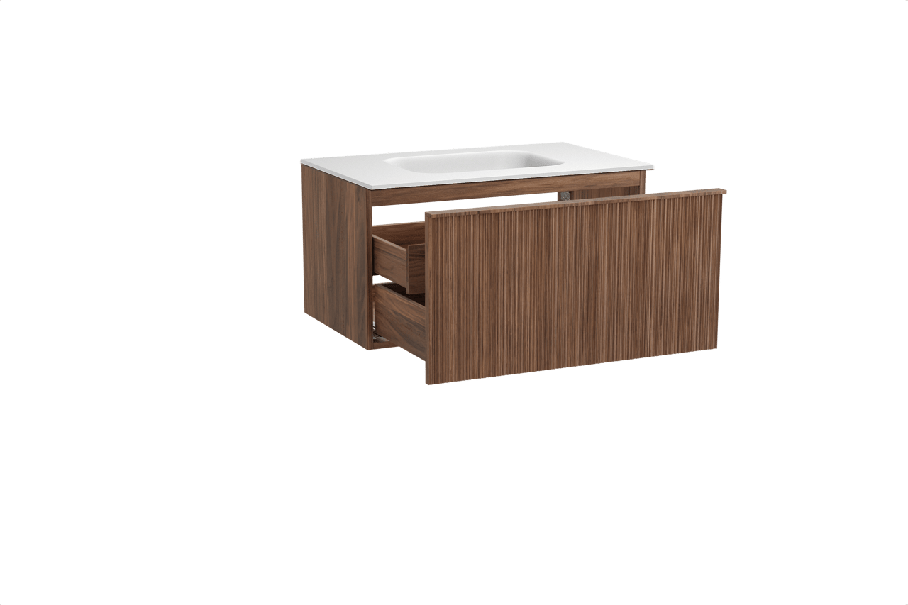 Balmani Forma zwevend badmeubel 90 x 55 cm amerikaans notenhout met Tablo Arcato enkele wastafel in solid surface mat wit, Verticale asymmetrische ronde ribbel