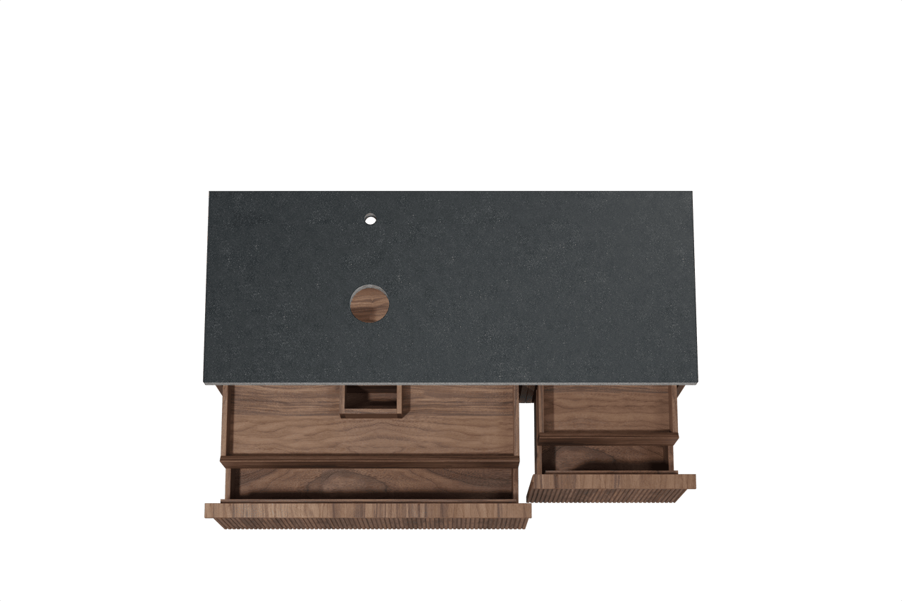 Balmani Forma hängendes Möbelstück Set: 135 x 55 cm, Amerikanischer Nussbaum, mit Rock Waschtisch links, Granit, Schwarzes Granit, Vertikale symmetrische gerade Rippe