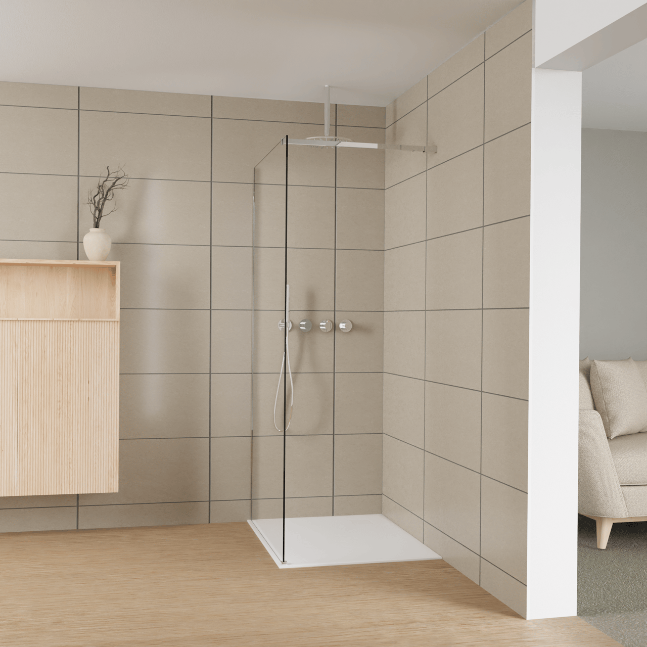 Balmani Modular inloopdouche: 100 x 200 cm, Extra helder glas met coating, Glanzend chroom profielen