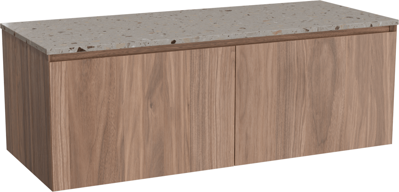 Balmani Idra hängendes Möbelstück Set: 135 x 55 cm, Nussbaum, mit Stretto Einzel- oder Doppel Waschtischplatte, Terrazzo in Greige