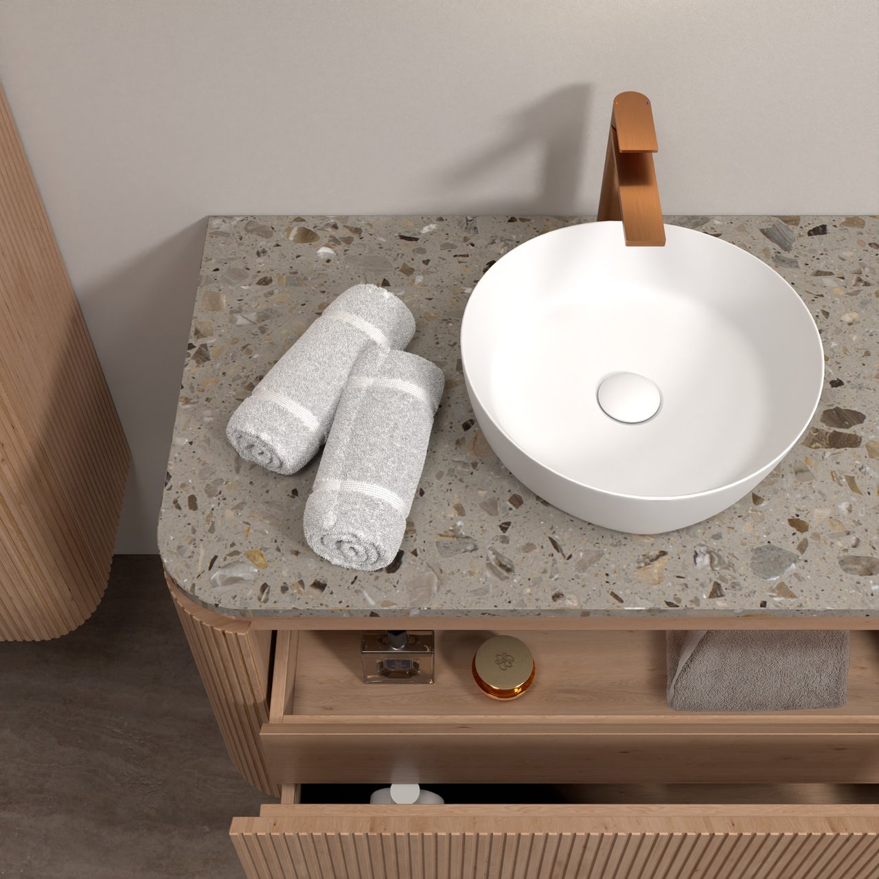 Balmani Moon meuble salle de bains suspendu 160 x 55 cm chêne naturel avec Moon tablette simple ou double en terrazzo greige terrazzo, Nervure droite symétrique verticale