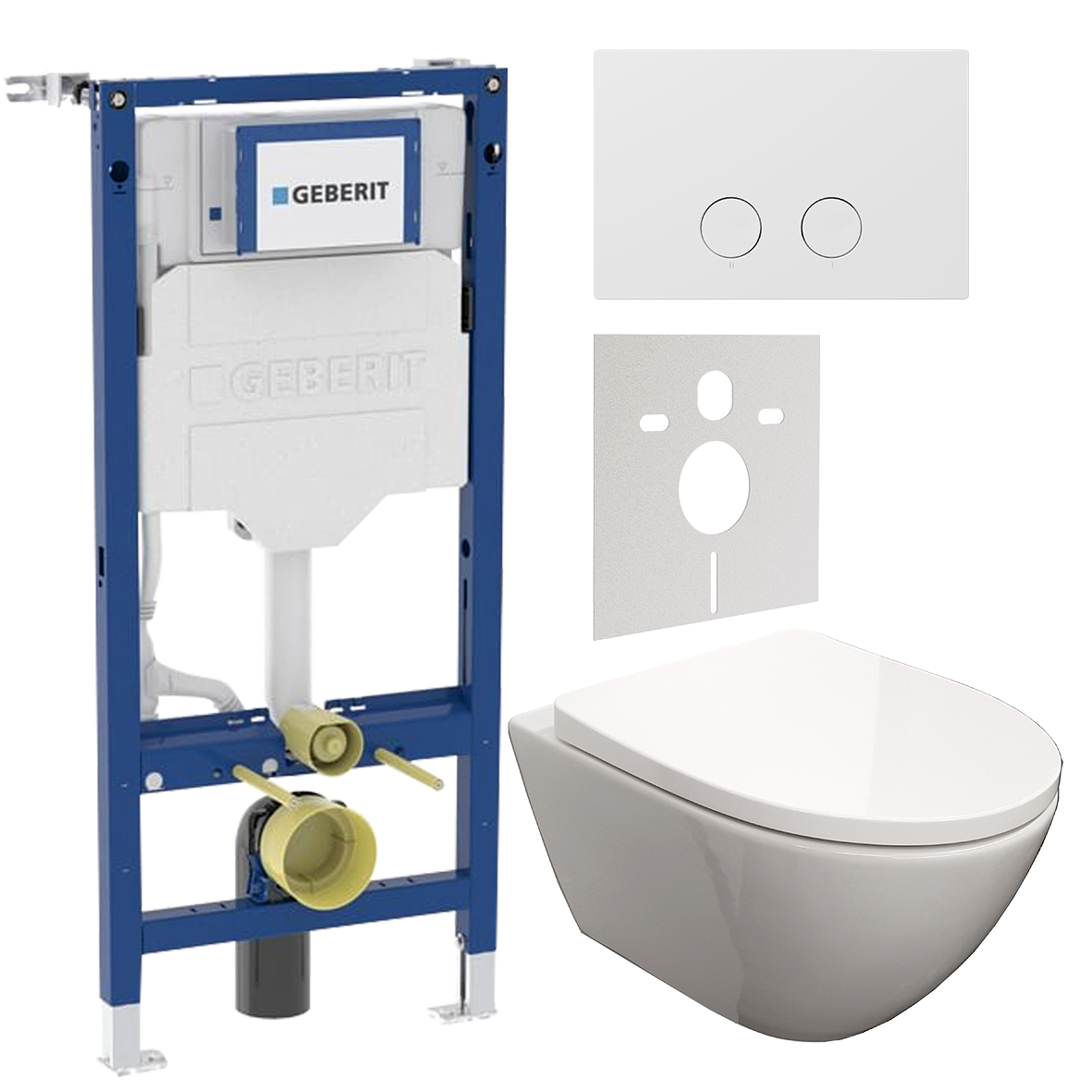 WC Set: Luca Varess Moreno Hänge WC, Weiß glänzend, spülrandlos, Geberit UP320 Systemfix Einbauspülkasten mit Luca Varess Betätigungsplatte