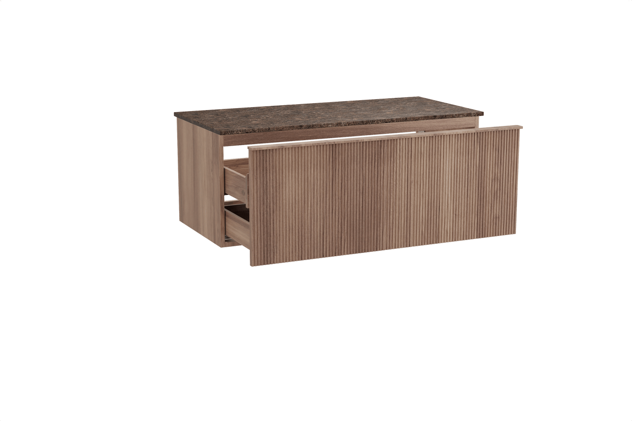 Balmani Forma zwevend badkamermeubel 120 x 55 cm teak met Stretto enkel of dubbel tablet in marmer dark emperador, Verticale symmetrische rechte ribbel