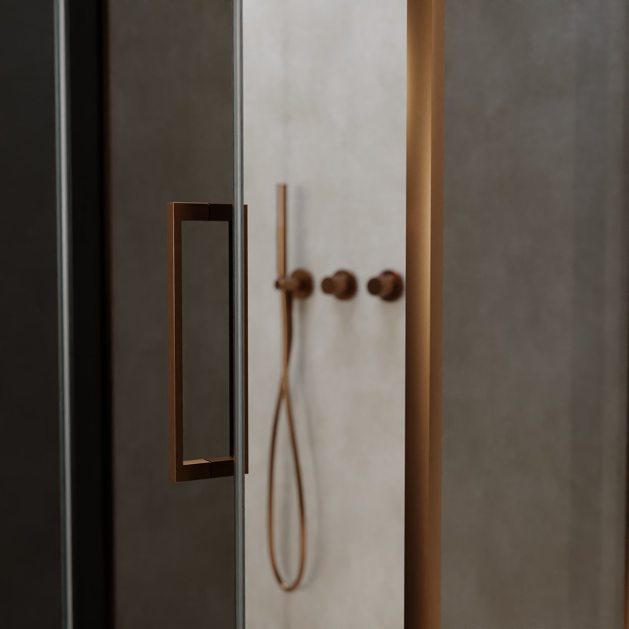 Balmani Senses Design douche en coin avec porte pivotante à gauche et paroi latérale fixe, 100 x 100 cm, Verre fumé, Profil Brushed Rosegold