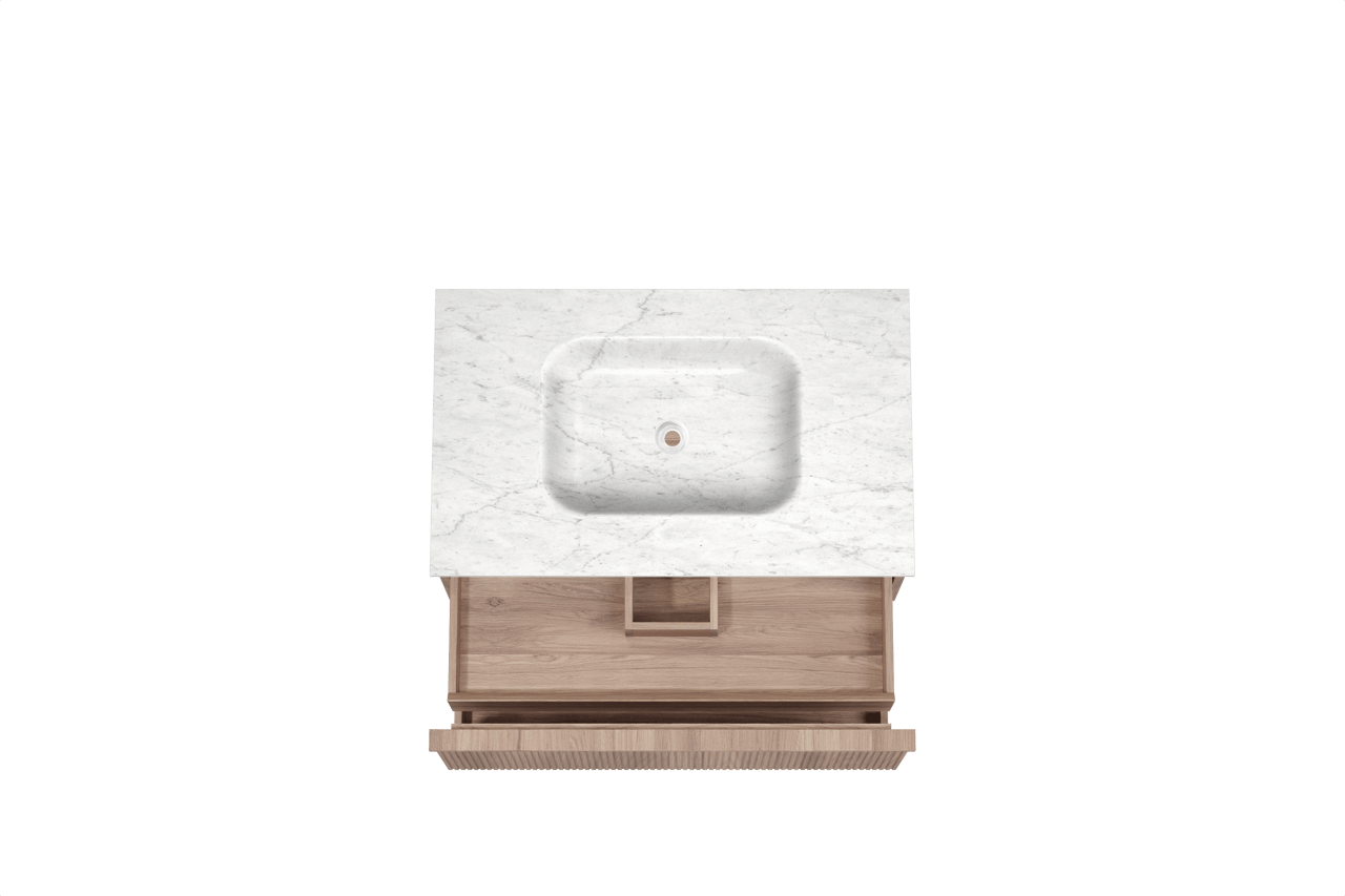 Balmani Forma zwevend badkamermeubel 90 x 55 cm teak met Tablo Arcato enkele wastafel in marmer carrara, Verticale symmetrische rechte ribbel