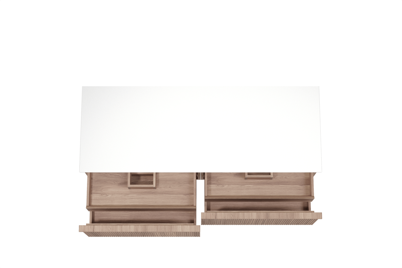 Balmani Forma meuble salle de bains suspendu 150 x 55 cm teck avec Stretto tablette simple ou double en solid surface blanc mat, Nervure droite symétrique verticale