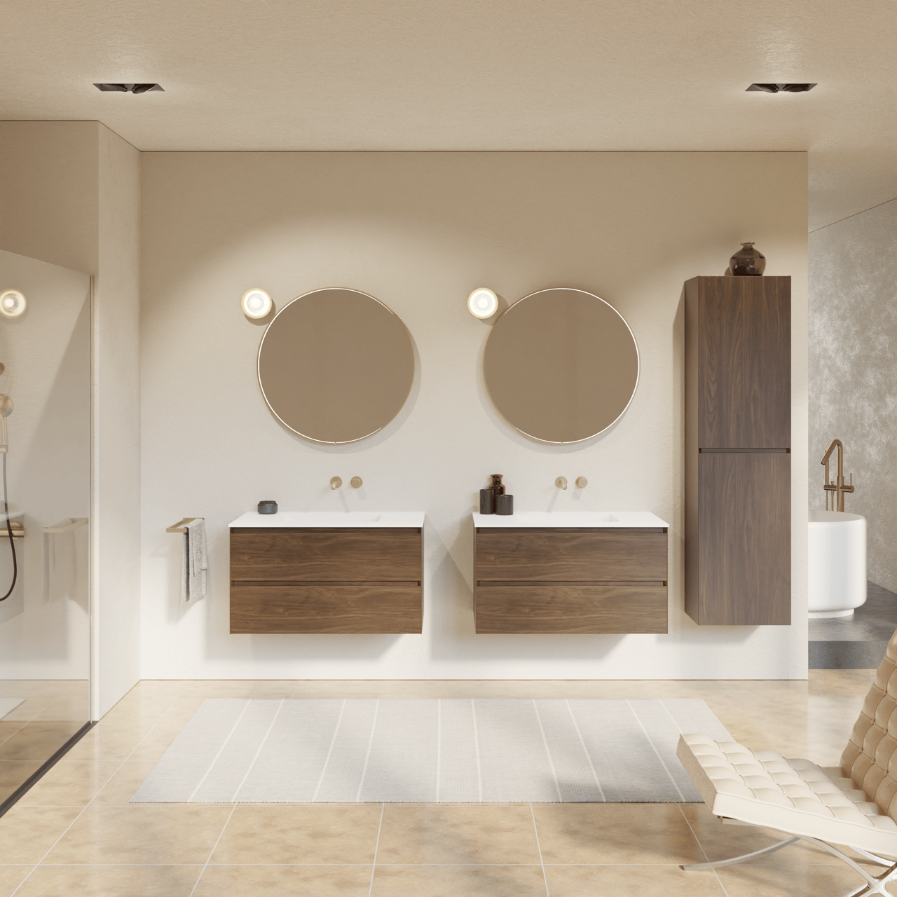 Balmani Mitra meuble salle de bains suspendu 90 x 55 cm noyer américain avec Tablo Stretto plan simple en solid surface blanc mat