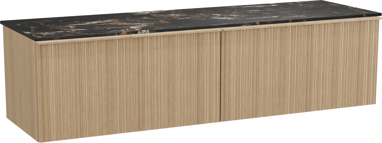 Balmani Forma zwevend badkamermeubel 180 x 55 cm natuur eik met Stretto enkel of dubbel tablet in marmer portoro gold, Verticale asymmetrische ronde ribbel