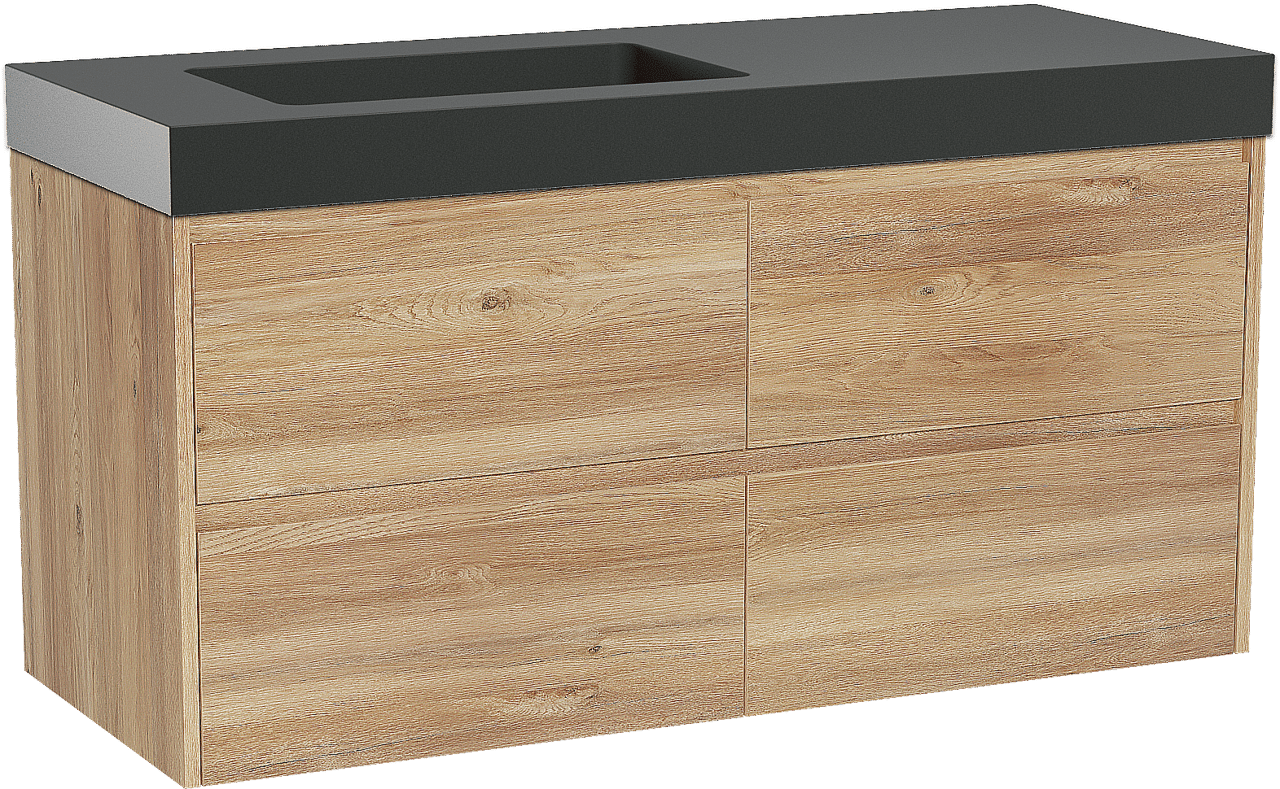 Storke Seda hängendes Möbelstück Set: 130 x 52 cm, Rohe Eiche, mit Scuro High Waschtisch links, Quarz Schwarz matt