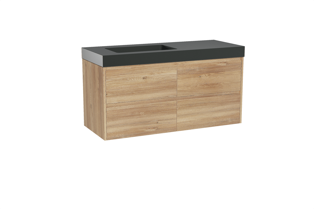 Storke Seda hängendes Möbelstück Set: 130 x 52 cm, Rohe Eiche, mit Scuro High Waschtisch links, Quarz Schwarz matt