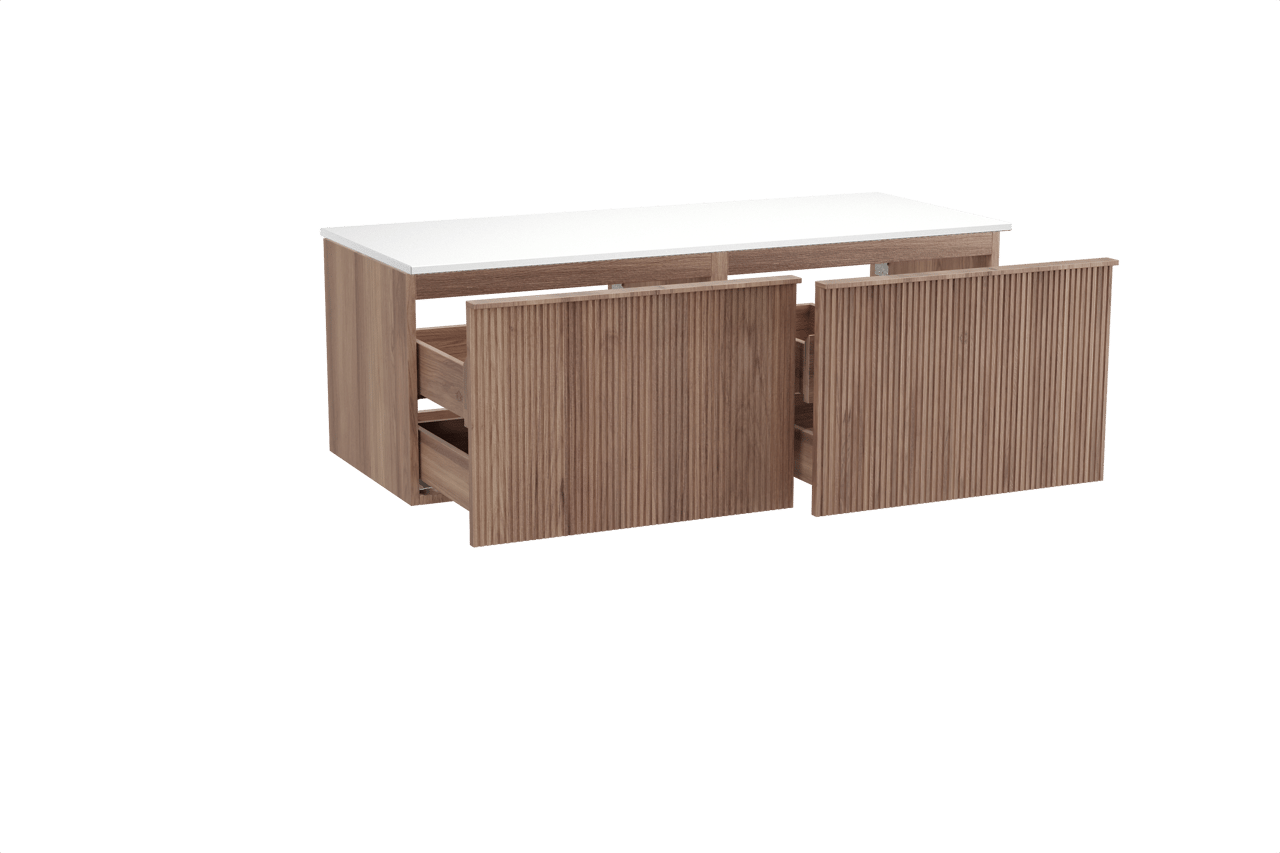 Balmani Forma hängendes Möbelstück Set: 135 x 55 cm, Teak, mit Stretto Einzel- oder Doppel Waschtischplatte, Solid Surface, Weiß matt, Vertikale symmetrische gerade Rippe