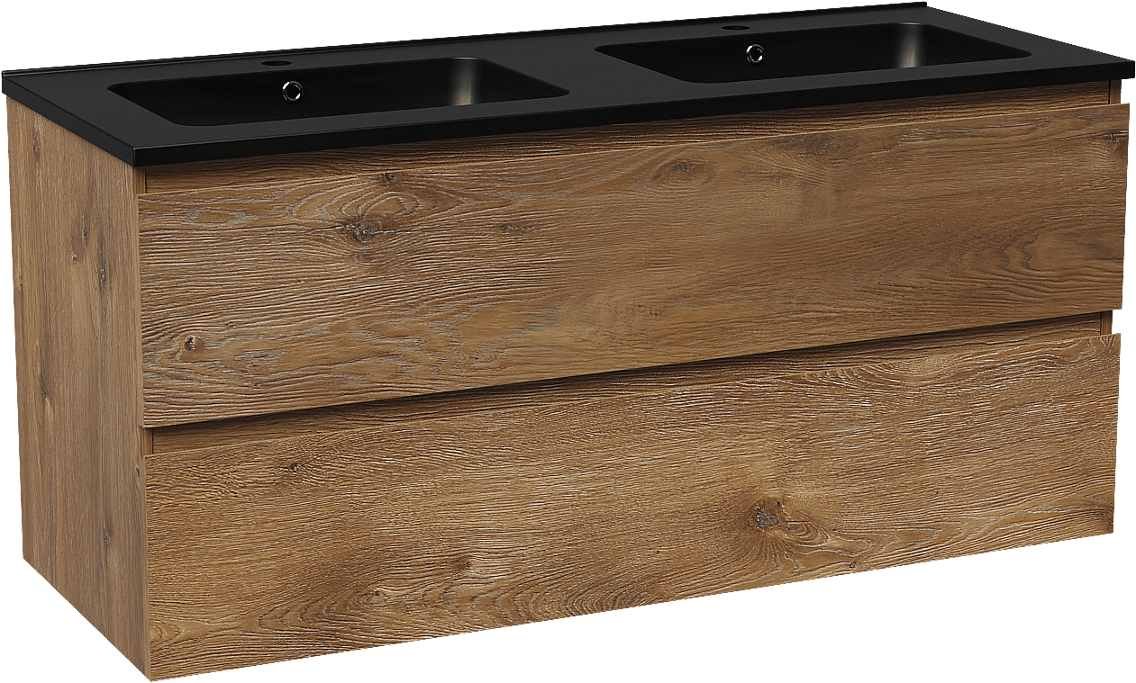 Linie Lado zwevend badmeubel 120 x 46 cm bruin eiken met Vano dubbele wastafel in composietmarmer mat zwart