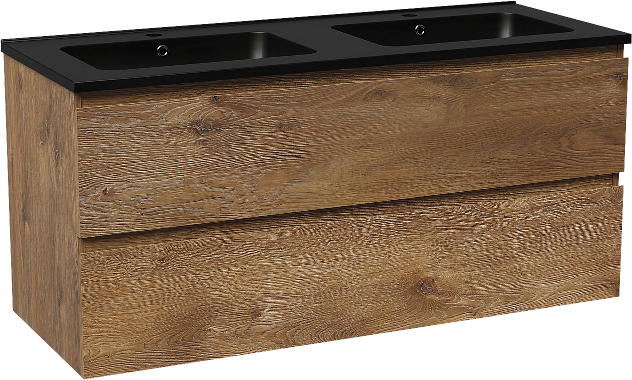 Linie Lado meuble salle de bains suspendu 120 x 46 cm chêne brun avec Vano double vasque en marbre composite noir mat