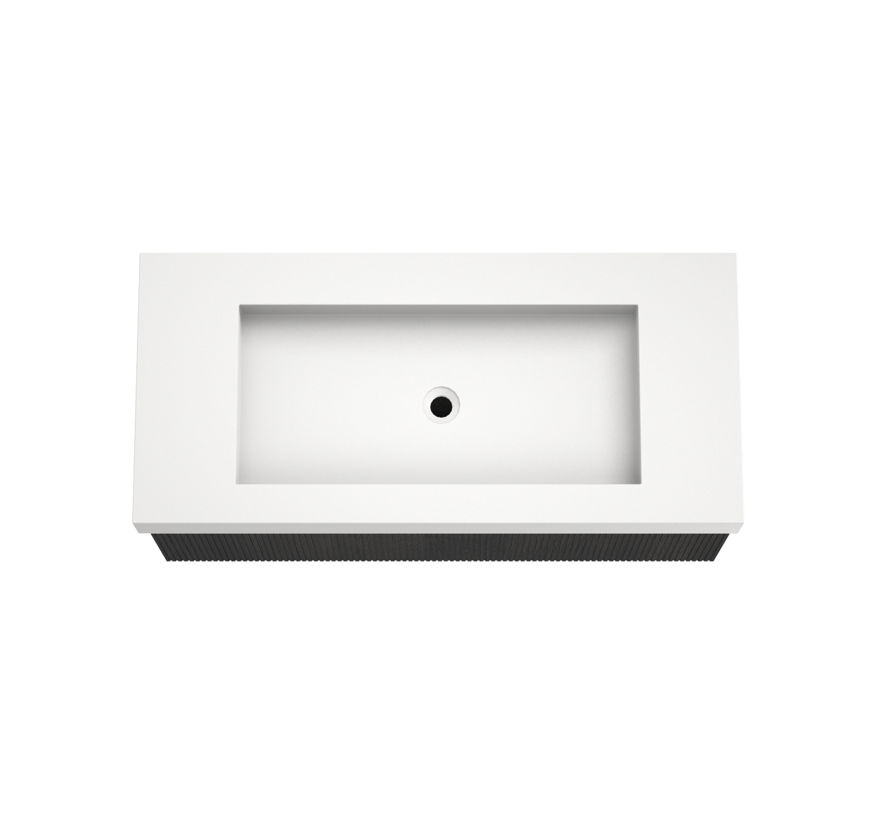 Balmani Forma hängendes Möbelstück Set: 120 x 55 cm, Schwarze Eiche, mit Modus Einzelwaschtisch für 2 Armaturenlöcher, Solid Surface, Weiß matt, Vertikale symmetrische gerade Rippe