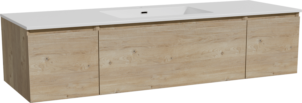 Storke Edge hängendes Möbelstück Set: 155 x 52 cm, Rohe Eiche, mit Diva Einzelwaschtisch, Marmorkomposit Weiß glänzend