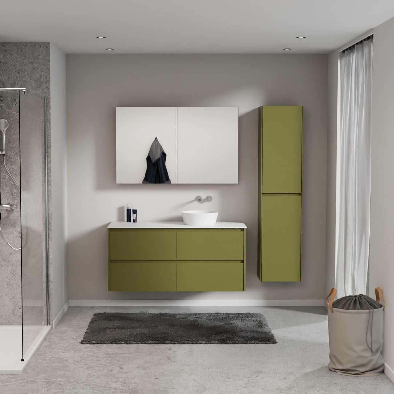 Storke Seda meuble salle de bains suspendu 130 x 52 cm vert olive avec Tavola tablette simple ou double en solid surface blanc mat