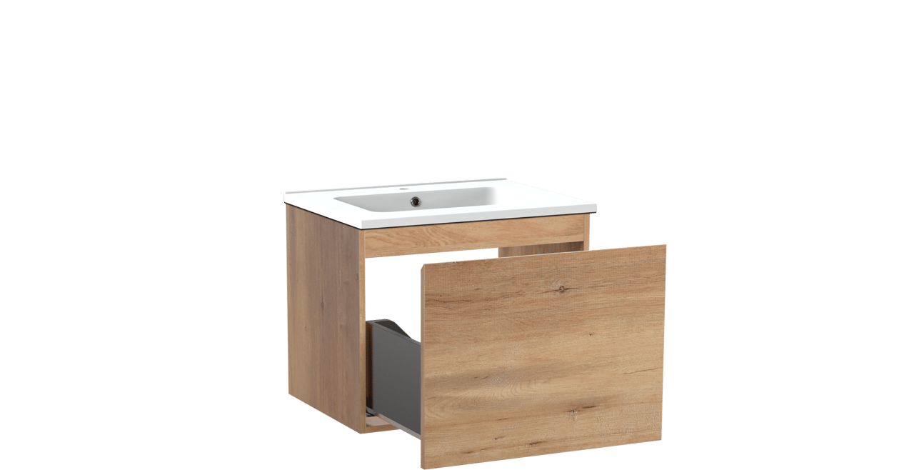 Linie Lado hängendes Möbelstück Set: 60 x 46 cm, Naturbelassene Eiche, mit Vano Einzelwaschtisch, Marmorkomposit Weiß matt