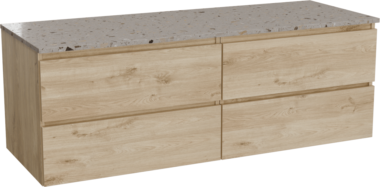 Balmani Lucida zwevend badmeubel 150 x 55 cm ruw eiken met Stretto enkel of dubbel wastafelblad in terrazzo greige terrazzo