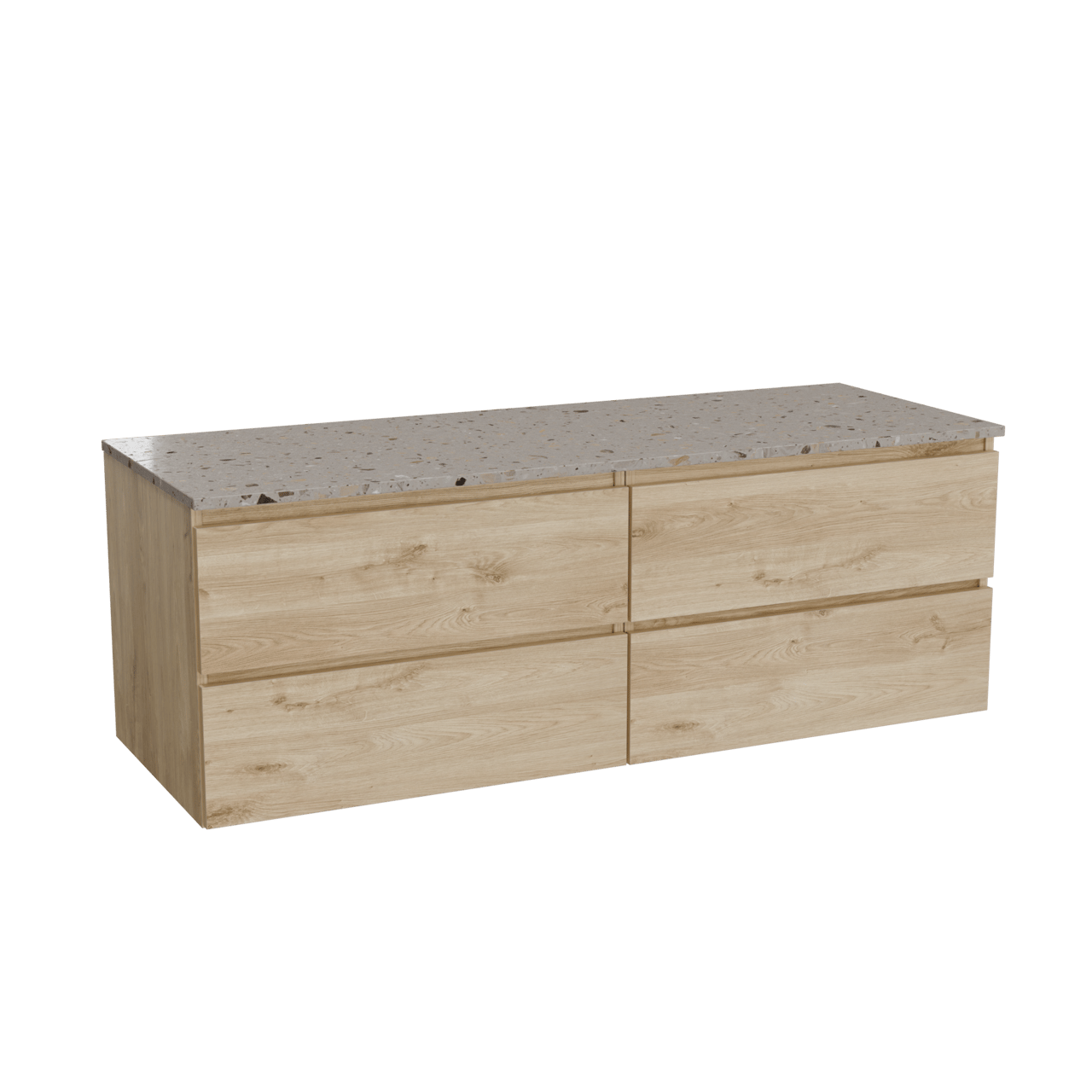 Balmani Lucida hängendes Möbelstück Set: 150 x 55 cm, Rohe Eiche, mit Stretto Einzel- oder Doppel Waschtischplatte, Terrazzo in Greige