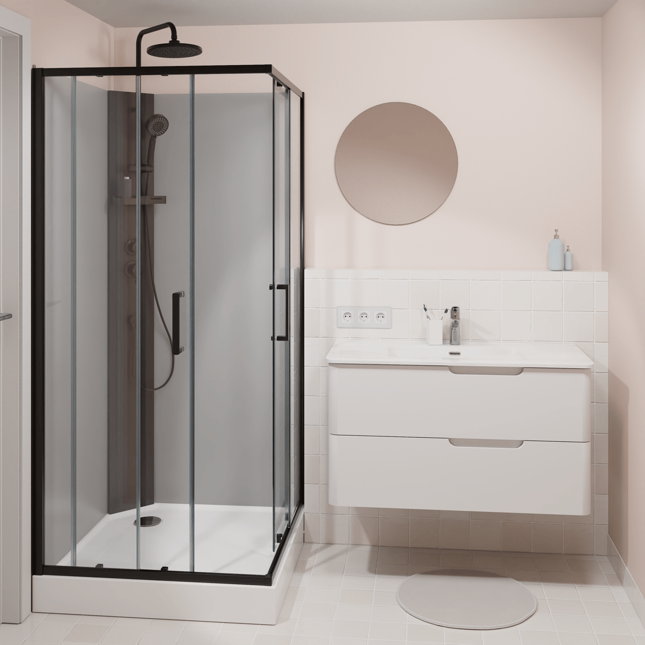 Linie Salta cabine de douche avec portes coulissantes 90 x 90 cm verre transparent profil noir avec robinet