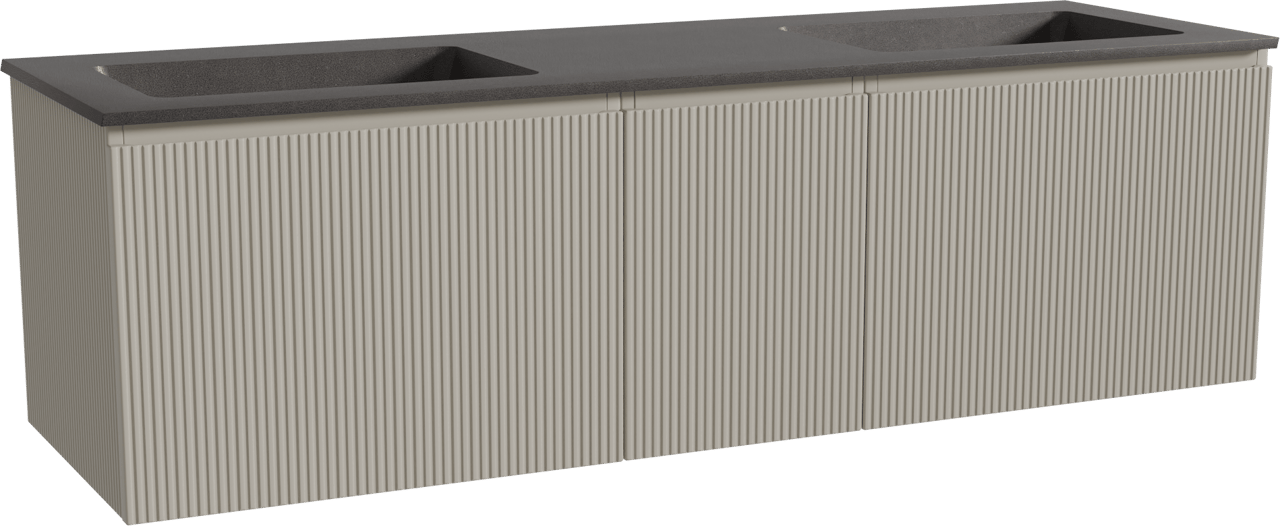 Storke Ribs meuble salle de bains suspendu 165 x 52 cm soie grise avec Scuro double vasque en quartz noir mat, Nervure droite symétrique verticale