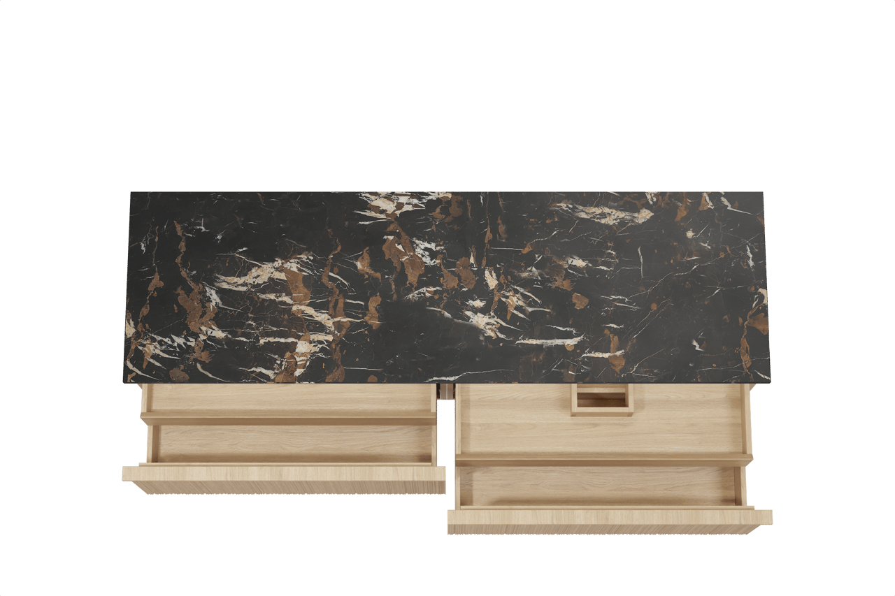 Balmani Forma hängendes Möbelstück Set: 180 x 55 cm, Naturbelassene Eiche, mit Stretto Einzel- oder Doppel Waschtischplatte, Marmor, Portoro Gold, Vertikale asymmetrische Runde Rippe