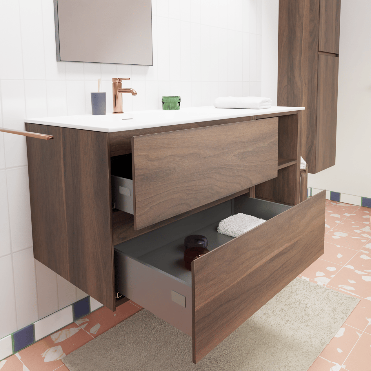 Storke Edge hängendes Möbelstück Set: 120 x 52 cm, Nussbaum, mit Mata Waschtisch links, Solid Surface Weiß matt