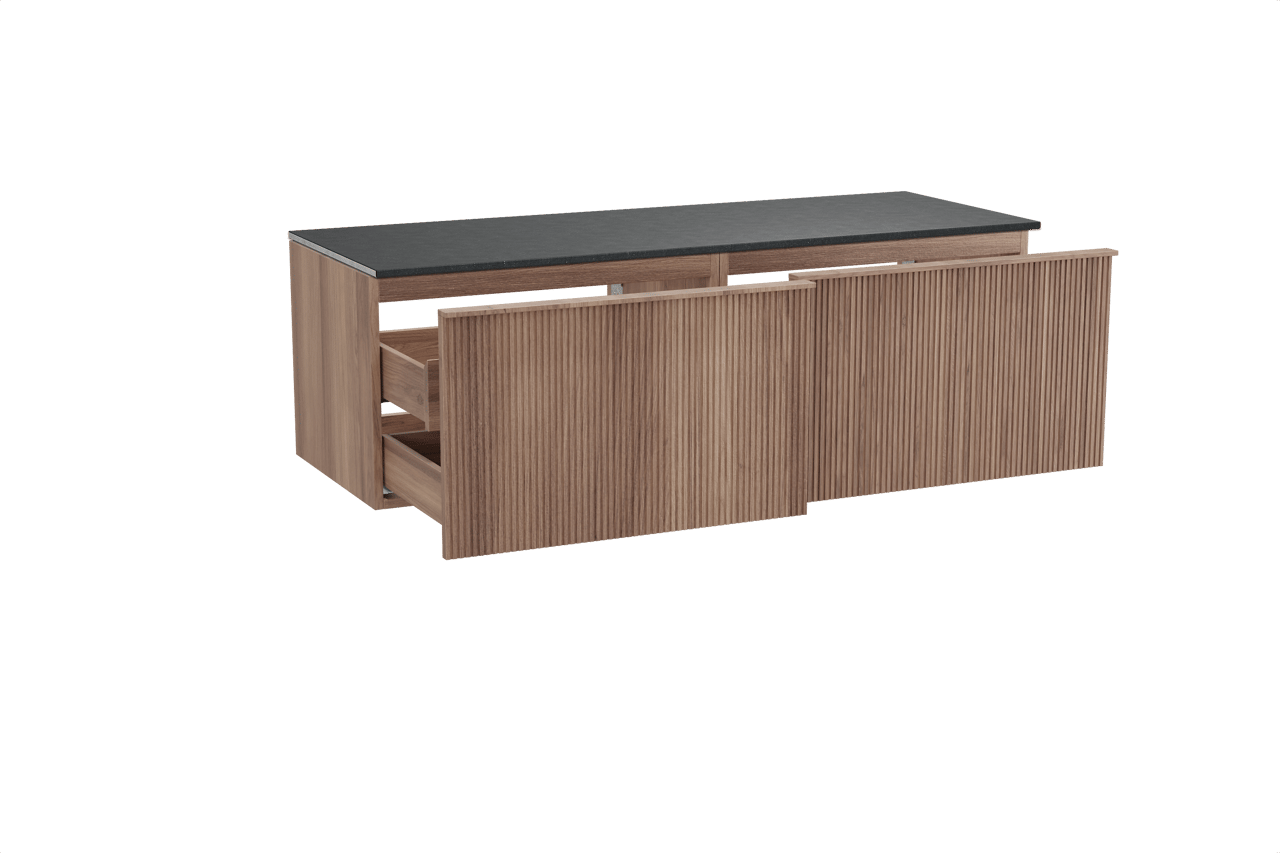 Balmani Forma hängendes Möbelstück Set: 150 x 55 cm, Teak, mit Stretto Einzel- oder Doppel Waschtischplatte, Granit, Schwarzes Granit, Vertikale symmetrische gerade Rippe