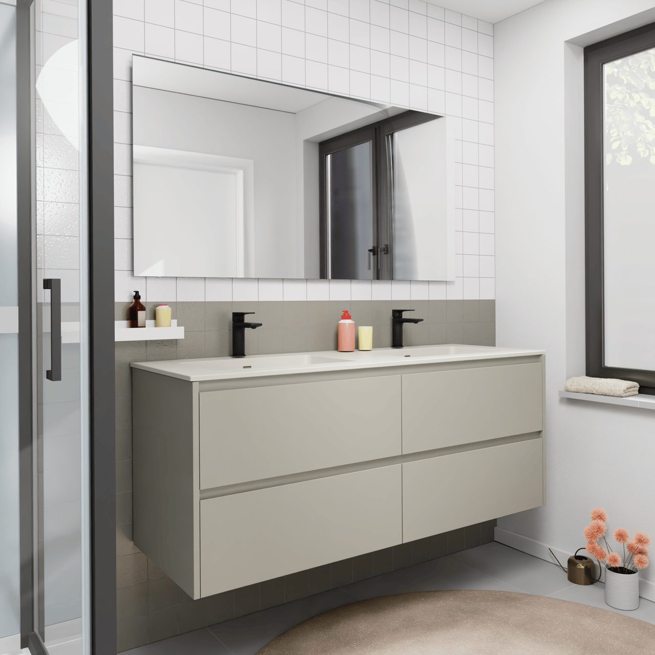 Storke Seda zwevend badmeubel 150 x 52 cm zijdegrijs met Diva dubbele wastafel in top solid zijdegrijs