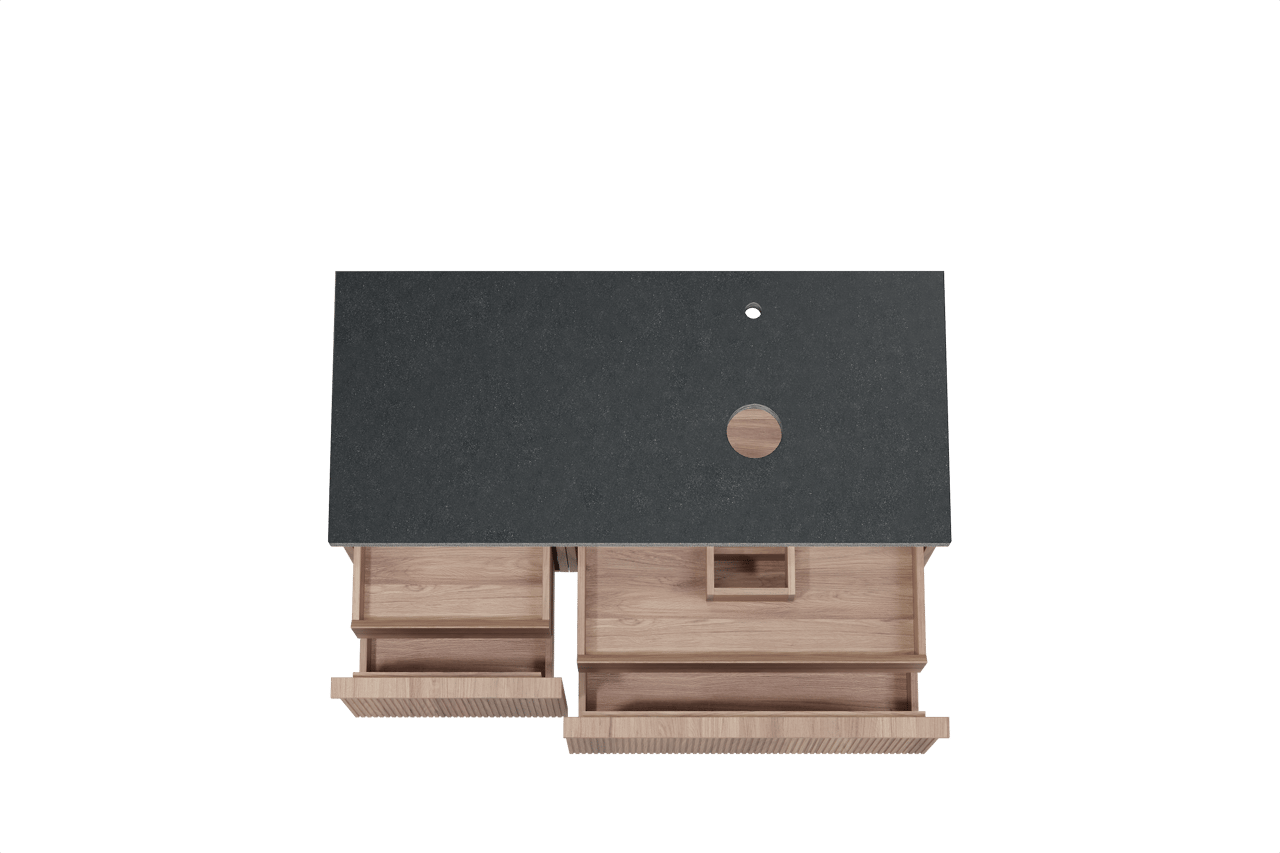 Balmani Forma zwevend badmeubel 120 x 55 cm teakhout met Rock asymmetrisch rechtse wastafel in zwart graniet, Verticale symmetrische rechte ribbel