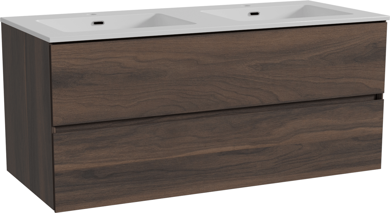 Storke Edge meuble salle de bains suspendu 120 x 52 cm noyer avec Diva double vasque en marbre composite blanc brillant